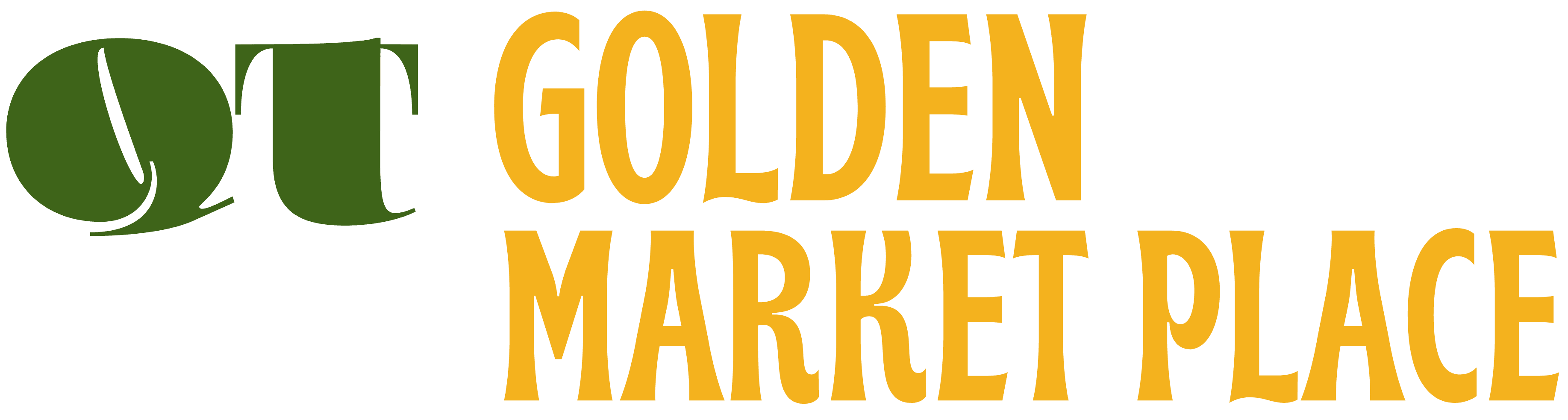 Golden Market Place logo featuring a green leaf icon and bold yellow text on black.