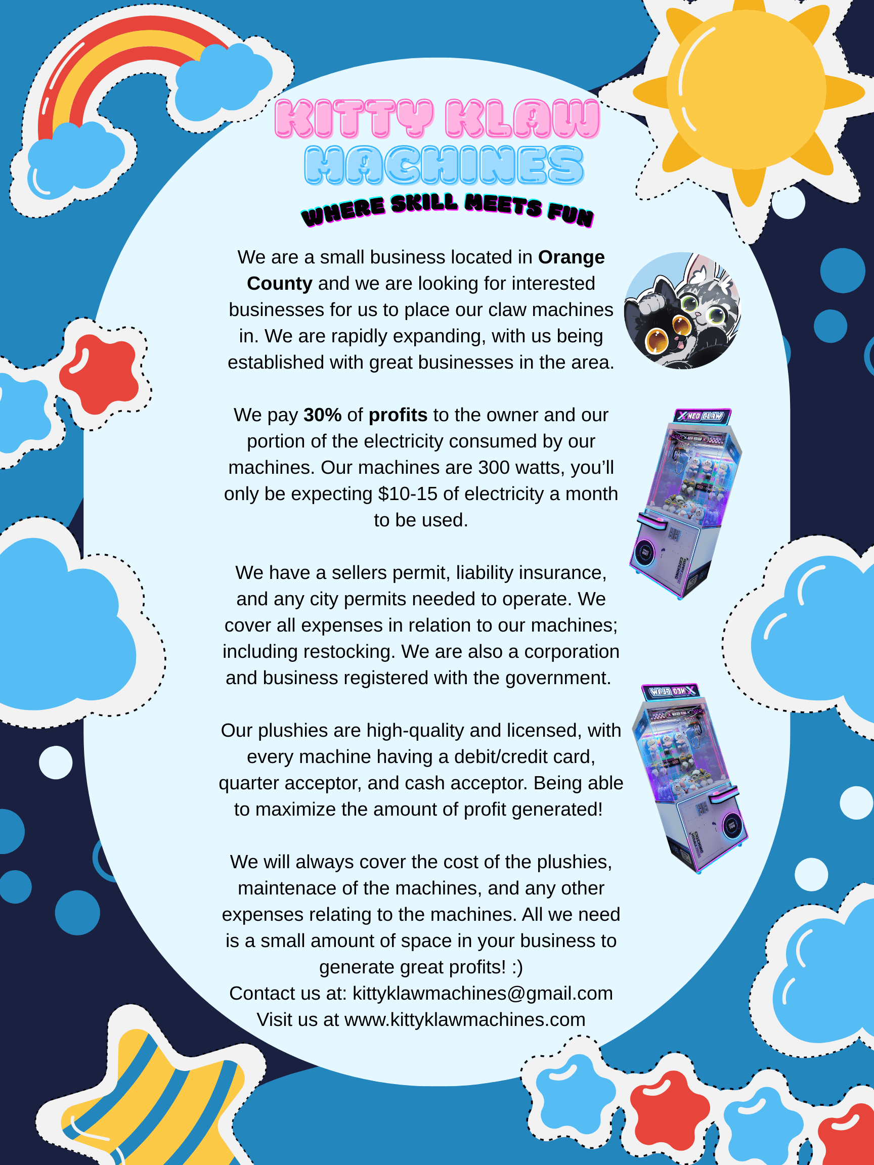 Vibrant flyer for Kitty Klaw Machines seeking partners to host their colorful plushie claw machines.